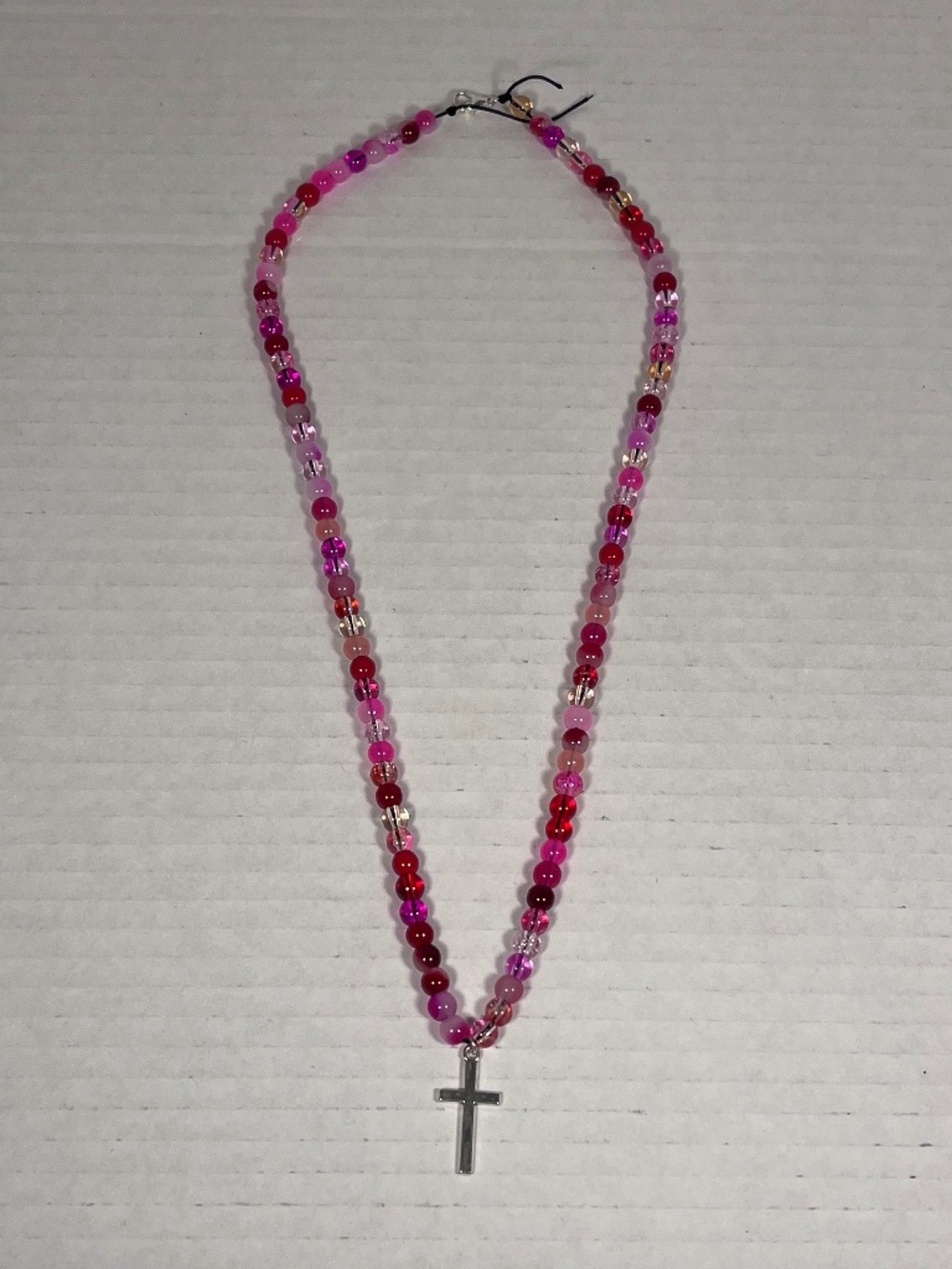 Silver Cross Red/Pink Glass Bead Necklace ~23 inches